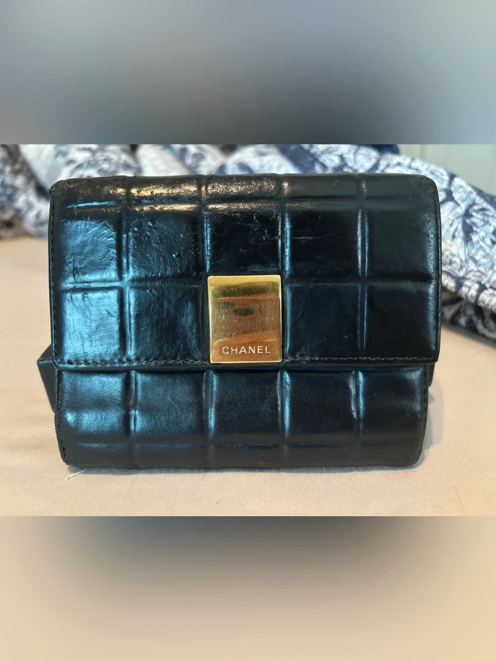 Authentic Vintage Chanel Black Lambskin Trifold Wallet - GUC- with Chanel Box